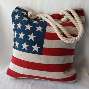 American Flag Design Themed Patriotic Tote Bag with Rope Twist Handles & Zipp